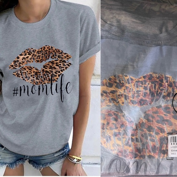 LEOPARD Lip Mom Life Gray T-shirt - Picture 1 of 2